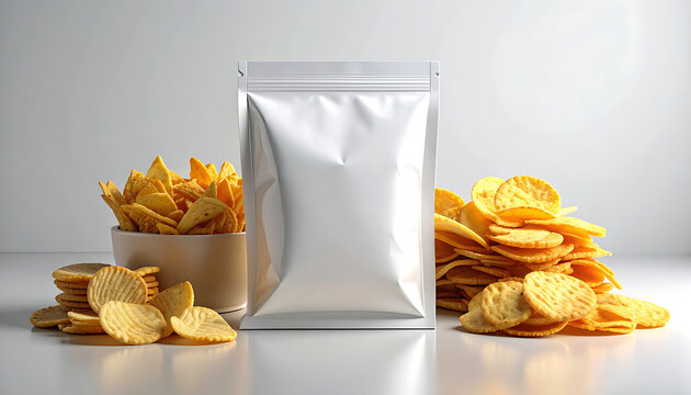 Blank silver foil snack bag with potato chips, food packaging mockup for branding and advertising, studio shot