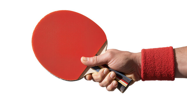 Hand holding red ping pong paddle with wristband