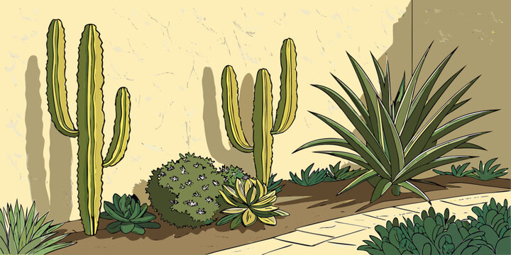 A vibrant outdoor scene featuring a variety of cacti and succulent plants against a textured, light-beige stucco wall. The composition is a medium shot, with the plants taking up the majority of the f