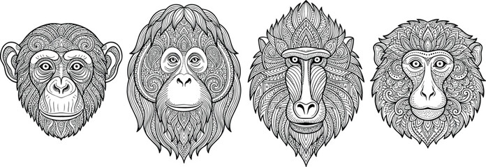 Monkey face coloring book page vector collection featuring chimpanzee orangutan baboon and macaque portraits with detailed textures isolated on white background. © Mdjony