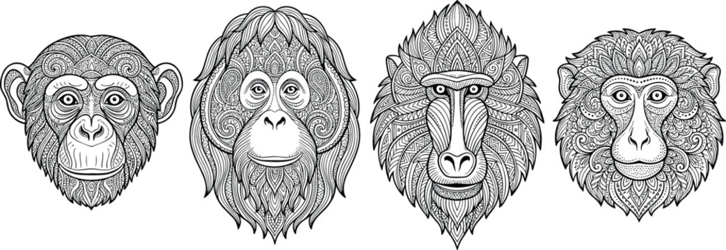 Monkey face coloring book page vector collection featuring chimpanzee orangutan baboon and macaque portraits with detailed textures isolated on white background.