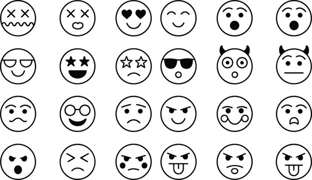 &ldquo;Outlined emoji face vector illustration set with expressive emotions, symbols, heart eyes, sunglasses, and playful icons&rdquo;