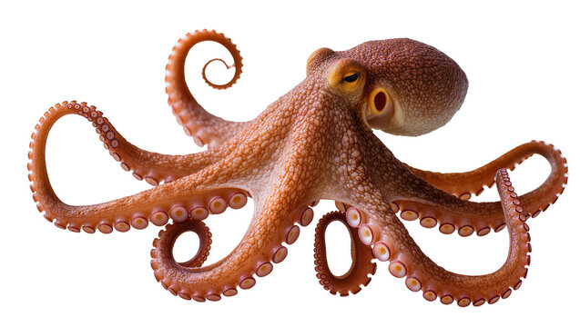 Orange octopus with curled tentacles and suckers