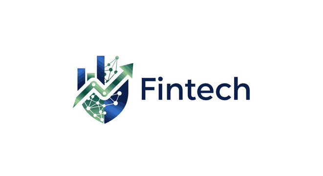 Abstract digital fintech shield logo with growth arrows and circuit pattern on white background