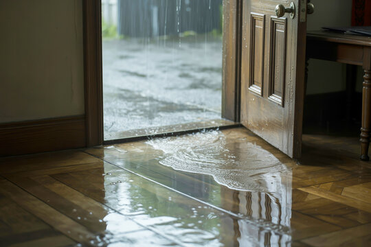 Open wooden door with rain pouring onto a flooded wooden floor inside a house flooding water