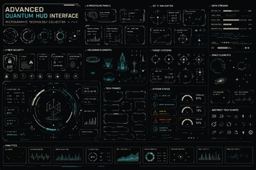 Fototapeta premium Advanced Quantum HUD Interface, Sci-Fi Infographic Technology Collection, Futuristic UI Dashboard Elements for Cyber Security and Data Analysis