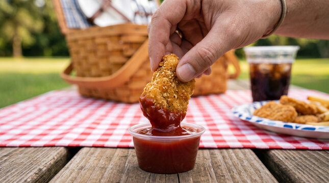 Close-up of a hand dipping a crispy golden chicken nugget into red tomato ketchup, tasty fast food snack, picnic lunch or quick meal concept