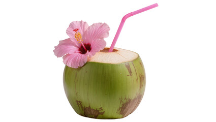 Green coconut with pink hibiscus flower and straw © Vetle
