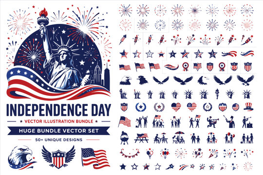 Independence Day vector illustration bundle, huge set of 50+ unique patriotic designs, Statue of Liberty and American flag icons for Fourth of July