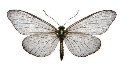 Delicate translucent white butterfly with dark veins and green body © Fried