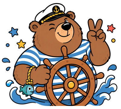 Cute bear sailor wearing captain cap and striped shirt steering ships wheel with peace sign gesture on transparent background. Cartoon animal character for nautical kids design.