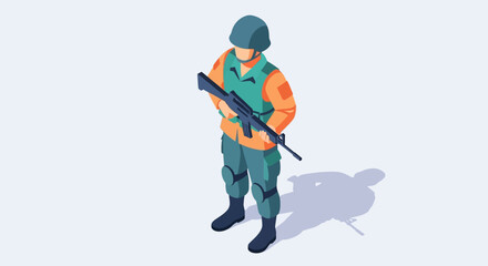 Fototapeta premium Isometric Soldier Holding Rifle, Military Uniform, Security Concept