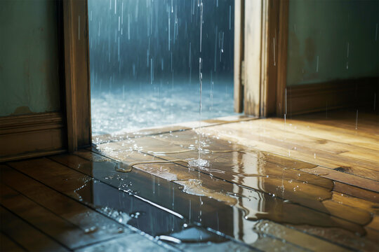 Rainwater streaming through an open doorway onto a wet wooden floor inside a home image photo