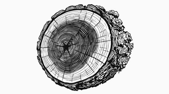 A detailed wood log cross section showing tree rings, timber texture, forest nature, and rough bark in a hand-drawn illustration style