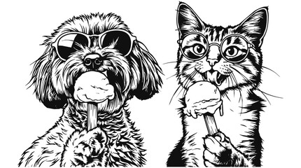 Obraz premium Cute Dog and Cat wearing Sunglasses and stylish Eyewear while eating Ice cream in a funny summer pet illustration