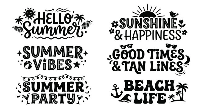 Summer typography quotes, beach life phrases, sunshine and happiness eps vector