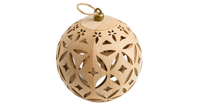 Beautiful carved openwork wooden Christmas bauble ball holiday tree ornament isolated on transparent background
