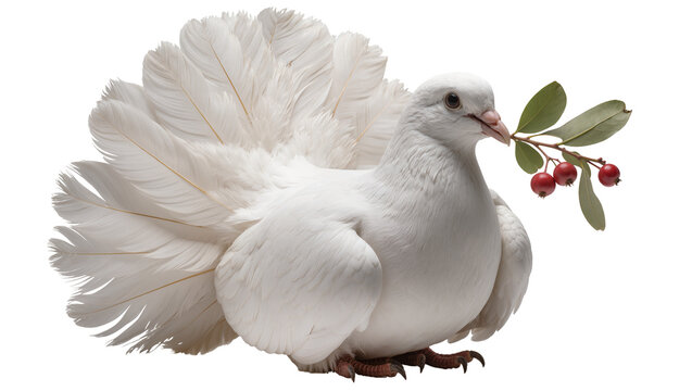 White fantail pigeon holding red berries and green leaves in beak