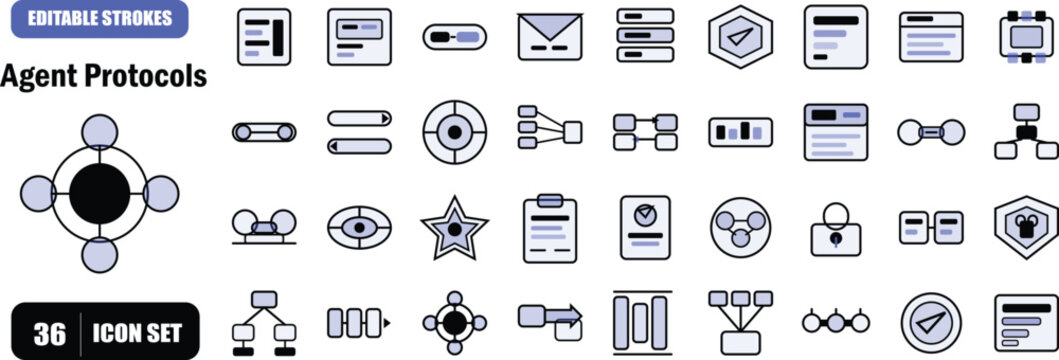 A premium 36-icon flat outline set covering JSON payload structures, gRPC communication channels, agent negotiation, and sub-task orchestration for AI systems. Ideal for brand identity, API documentat