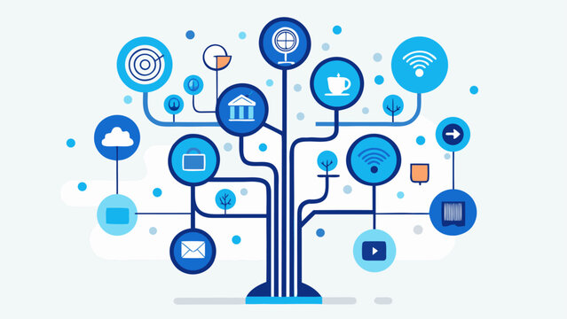 Vector illustration of a technology tree concept, showcasing interconnected nodes and branches representing various tech fields.eps