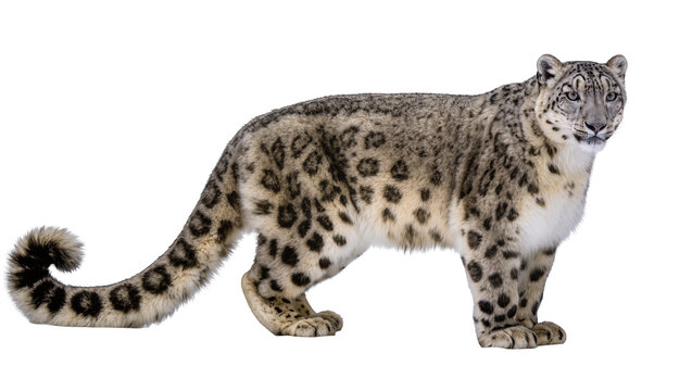 Snow leopard with grey and black spots thick fur, long tail