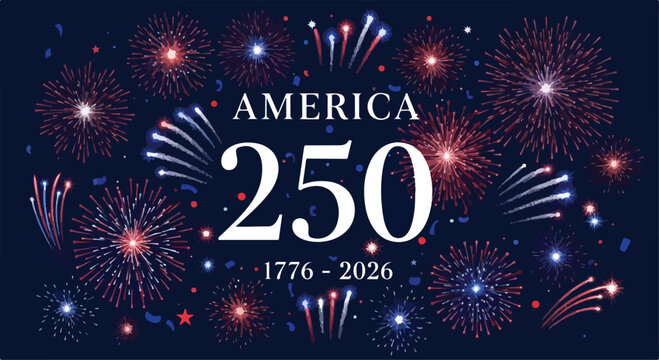 Patriotic America 250 semiquincentennial celebration background, red white and blue fireworks for 1776-2026 anniversary, festive EPS vector