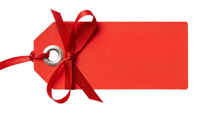Red gift tag with ribbon bow and metal eyelet