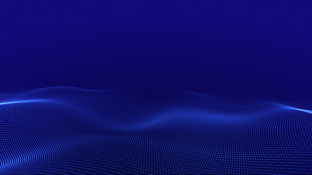 Blue particle wave landscape with glowing dot patterns, digital horizon surface, smooth data flow and abstract technology background