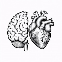 Fototapeta premium Sketch Brain Anatomical. Line Art Brain And Heart Halfs Logic & Emotion Isolated On White Background For Print Or Tattoo Design