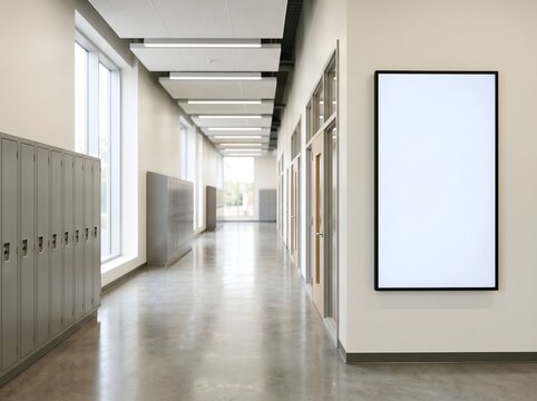 Blank digital advertising screen in a modern school hallway with lockers and windows