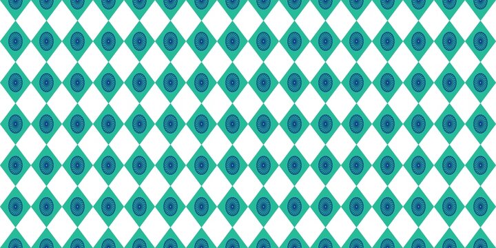 Seamless argyle pattern with green and white diamonds, featuring a blue circular swirl ornament inside each green shape. Perfect for backgrounds, textiles, and geometric surface designs.