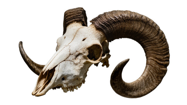 Ram skull with large curled horns and weathered bone texture
