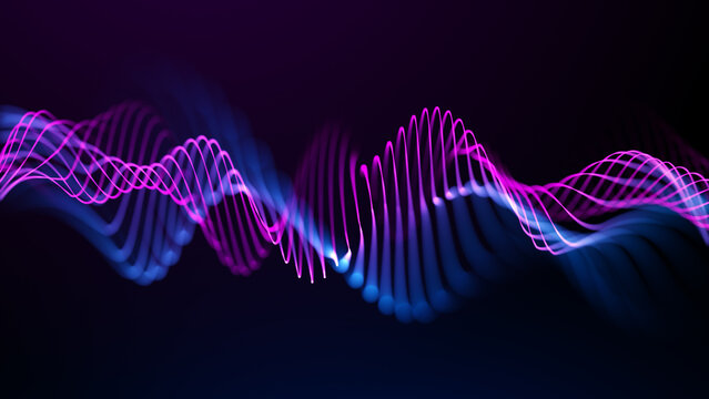 Blue violet wavy background with glowing wave surface, digital neon motion and futuristic light flow