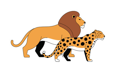 Fototapeta premium Cartoon lion and leopard walking together side by side vector illustration