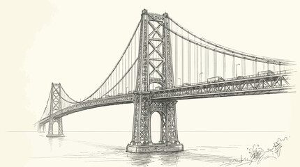 Naklejka premium suspension bridge, bridge illustration, cityscape, architecture drawing