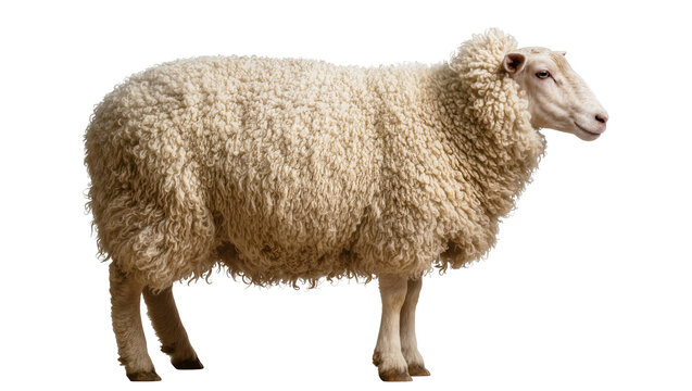 Woolly sheep with thick fleece standing sideways