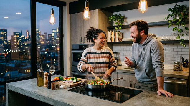Happy couple cooking a healthy meal together in a modern kitchen at night with a city skyline view