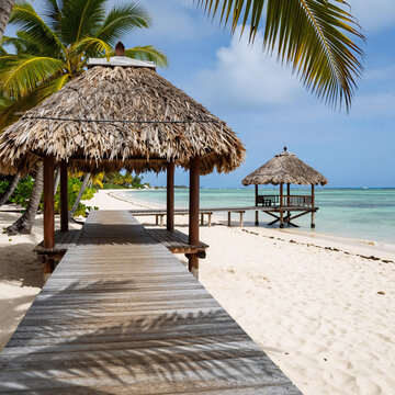 Children'S Book Gazebo. Instagram-Filtered Punta Cana Beach Scene: Tropical White Sand, Wooden Pier With Gazebo Under Palm Leaf Roof
