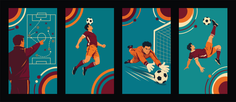Vintage Football and Soccer Action Collection with Players and Retro Sports Illustration