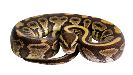 Fototapeta premium Ball Python coiled with intricate brown and yellow patterns