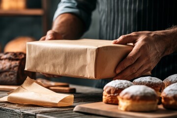 Obraz premium Bakery owner holding kraft paper box near fresh pastries on wooden counter