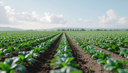 Obraz premium Vibrant Green Young Crops Growing in Straight Rows on a Farm Field