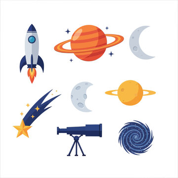 Space and astronomy vector illustration set with rocket saturn moon and shooting star.
