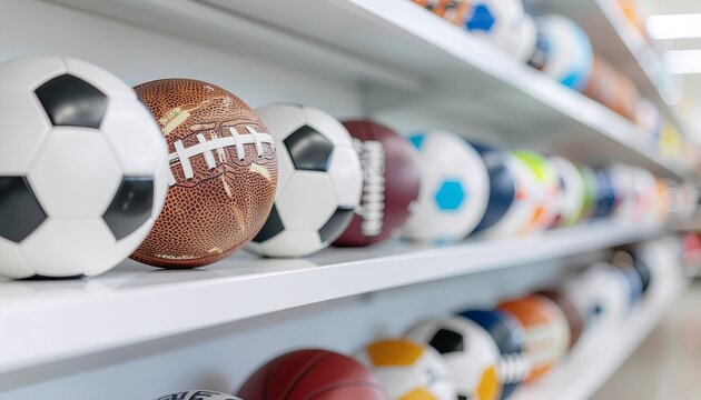 Assorted Sports Balls Displayed on White Retail Shelves