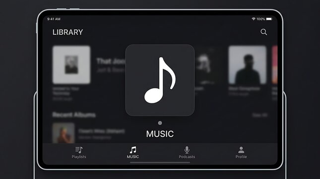 Music note on tablet screen with music library interface