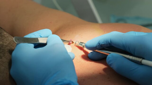 Dermatologist uses forceps and laser coagulation to remove mole from skin slow motion. Surgeon treat potential melanoma in hospital closeup
