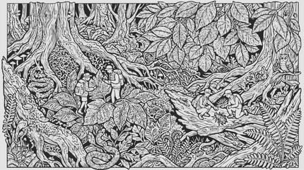 Obraz premium Intricate Jungle and Forest Illustration Featuring Explorers Discovering Hidden Wildlife and Nature in a Detailed Line Art Adventure Scene