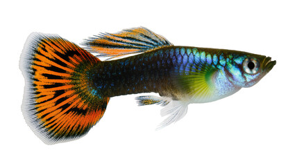 Male guppy fish with vibrant orange and black tail fins © Vetle