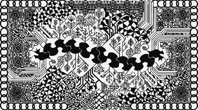 Intricate Abstract Monochrome Pattern: A captivating black and white design with a mesmerizing blend of organic foliage and geometric textures.
