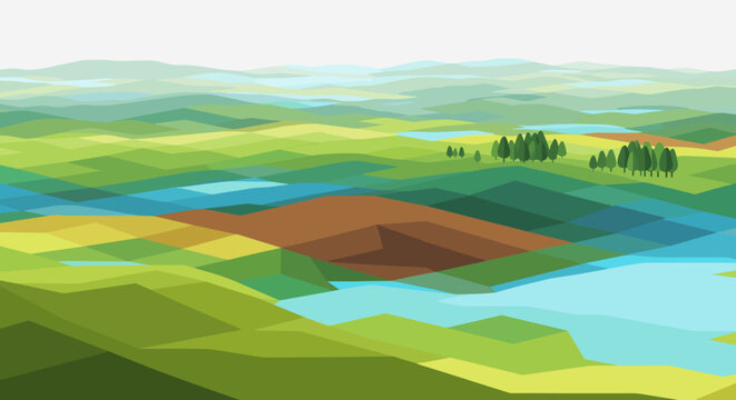 An expansive low-poly landscape showcasing rolling green hills, blue lakes, and scattered trees, rendered in a modern geometric style.